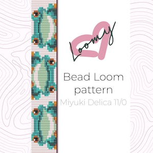 Könnte beinhalten: Ein Perlenwebmuster für ein Armband mit einem sich wiederholenden Muster aus drei Fröschen in Blautönen, Grün, Weiß und Orange. Das Muster ist für die Verwendung mit Miyuki Delica 11/0 Perlen.