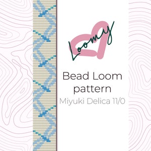 May include: A bead loom pattern for a bracelet with a white background and blue and green beads. The pattern is for Miyuki Delica 11/0 beads. The image also includes the text "Bead Loom pattern" and "Miyuki Delica 11/0".