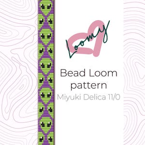 May include: A bead loom pattern featuring a repeating design of green aliens with purple accents. The pattern is for use with Miyuki Delica 11/0 beads. The text "Bead Loom pattern" and "Miyuki Delica 11/0" is included in the image.