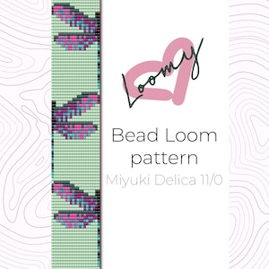 May include: A digital bead loom pattern with a dragonfly design in pink, teal, and black on a light green background. The text reads "Bead Loom pattern Miyuki Delica 11/0" with a "loomy" logo.