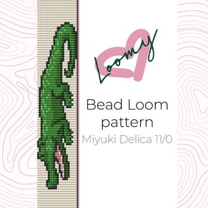 May include: Green alligator bead loom pattern for a bracelet using Miyuki Delica 11/0 beads. The pattern is shown on a white background with the text "Bead Loom pattern" and "Miyuki Delica 11/0".