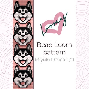 May include: A bead loom pattern featuring three rows of smiling husky faces. The pattern is designed for Miyuki Delica 11/0 beads. The text "Bead Loom pattern" and "Miyuki Delica 11/0" is displayed below the pattern.