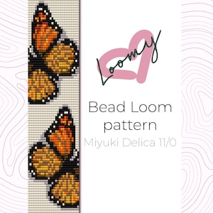 Op de afbeelding: Bead loom patroon voor een vlinderontwerp met Miyuki Delica 11/0 kralen. Het patroon bevat twee vlinders, een boven de andere, met oranje, bruine en zwarte kralen.