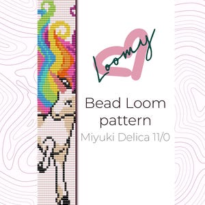 May include: A bead loom pattern for a unicorn with a rainbow mane. The pattern is for use with Miyuki Delica 11/0 beads.