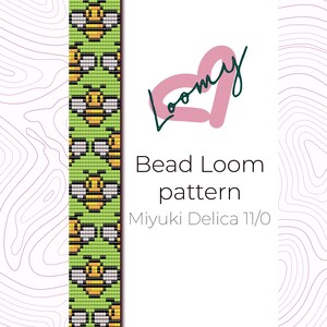 May include: A bead loom pattern for a bracelet featuring a repeating design of yellow and black bees on a green background. The pattern is for use with Miyuki Delica 11/0 beads. The text "Bead Loom pattern" and "Miyuki Delica 11/0" is visible in the image.