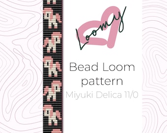 Può includere: Uno schema per telaio a perline con una fila di unicorni rosa e bianchi su sfondo nero. Lo schema è per l'uso con perline Miyuki Delica 11/0. Il testo "Bead Loom pattern" e "Miyuki Delica 11/0" è incluso anche nell'immagine.