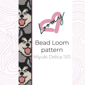 May include: A bead loom pattern for a husky dog with a pink nose. The pattern is for use with Miyuki Delica 11/0 beads. The pattern is titled "Bead Loom pattern" and is from the company "Loomy".