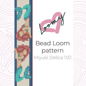 May include: A bead loom pattern for a bracelet featuring a mermaid design with turquoise, pink, and white beads. The pattern is for Miyuki Delica 11/0 beads. The image includes the text "Bead Loom pattern" and "Miyuki Delica 11/0".