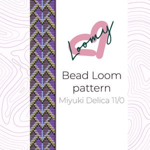 May include: A bead loom pattern for a chevron design using Miyuki Delica 11/0 beads. The pattern is shown in purple, yellow, and light blue beads.