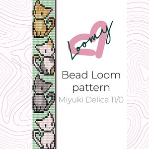 Puede incluir: Un patrón de telar de cuentas con cuatro gatos de diferentes colores, cada uno con una expresión diferente. El patrón es para usar con cuentas Miyuki Delica 11/0. El texto "Bead Loom pattern" y "Miyuki Delica 11/0" también está incluido en la imagen.