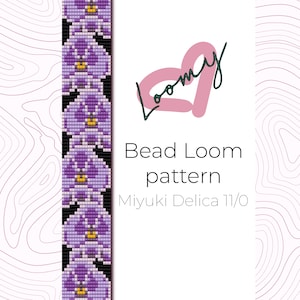May include: A bead loom pattern for a purple flower design using Miyuki Delica 11/0 beads. The pattern is shown on a black background.