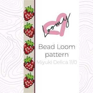 Peut inclure: Un motif de métier à tisser pour un bracelet avec cinq fraises rouges et vertes. Le motif est à utiliser avec des perles Miyuki Delica 11/0. Le texte "Bead Loom pattern" et "Miyuki Delica 11/0" est visible sur l'image.