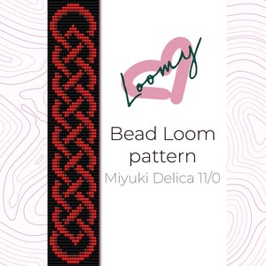 May include: A bead loom pattern for a bracelet with a red and black design. The pattern is for use with Miyuki Delica 11/0 beads.