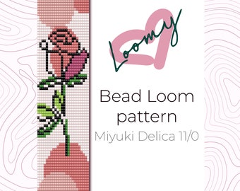 May include: A bead loom pattern featuring a pink rose with green leaves and a pink background. The pattern is for use with Miyuki Delica 11/0 beads. The text "Bead Loom pattern" and "Miyuki Delica 11/0" is included in the image.