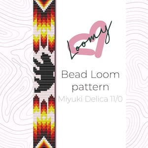 May include: A colorful bead loom pattern with a bear design. The pattern features a bear silhouette in black, with red, yellow, and white geometric patterns. The text "Bead Loom pattern" and "Miyuki Delica 11/0" are also visible.