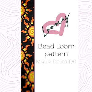 Op de afbeelding: Bead loom patroon voor een armband met een herhalend ontwerp van oranje en gele zonnen op een zwarte achtergrond. Het patroon is voor gebruik met Miyuki Delica 11/0 kralen.