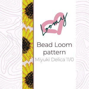 May include: A bead loom pattern for a sunflower bracelet using Miyuki Delica 11/0 beads. The pattern is shown on a white background with the text "Bead Loom pattern" and "Miyuki Delica 11/0".