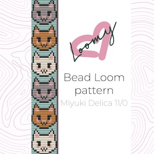 Könnte beinhalten: Ein Perlenwebmuster mit einem sich wiederholenden Katzenmuster in Grau, Braun und Weiß. Das Muster befindet sich auf einem hellen Türkis Hintergrund. Der Text "Bead Loom pattern" und "Miyuki Delica 11/0" sind ebenfalls sichtbar.