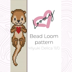 Puede incluir: Un patrón de telar de cuentas para una nutria marrón que sostiene un corazón rojo. El patrón es para usar con cuentas Miyuki Delica 11/0. El patrón se titula "Loomy" con un corazón rosa.