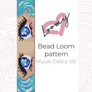 May include: Bead loom pattern for a bracelet featuring two blue eyes with white and black details, set against a light brown background. The pattern is designed for Miyuki Delica 11/0 beads.
