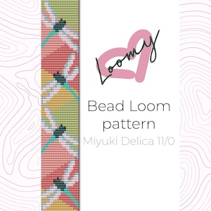 May include: A bead loom pattern for a bracelet featuring a dragonfly design with pink, green, blue, and yellow beads. The pattern is for use with Miyuki Delica 11/0 beads. The image includes the text "Bead Loom pattern" and "Miyuki Delica 11/0".