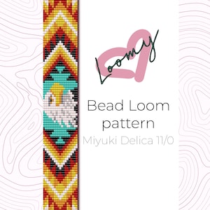 May include: Bead loom pattern for a colourful beaded bracelet featuring a white bird design. The pattern is for use with Miyuki Delica 11/0 beads.