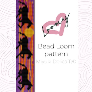 May include: A bead loom pattern for a bracelet featuring three witches flying on broomsticks with a full moon in the background. The pattern is made with Miyuki Delica 11/0 beads.