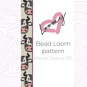 May include: A bead loom pattern design featuring a repeating pattern of cow faces in black, white, and pink. The text "Bead Loom pattern Miyuki Delica 11/0" is displayed on a white background with a pink and green logo.
