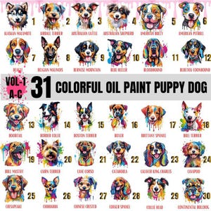 31 Colorful Oil Paint Puppy Dog Digital Art,  A & C Vol-1 Cartoon Style - Peeking dog- clip art -watercolor - Animal svg - Pet portrait