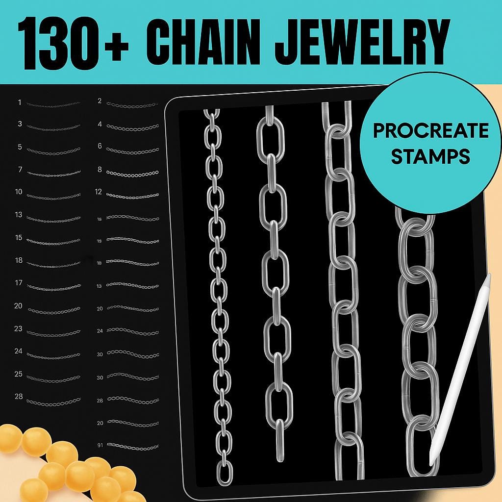 130 Procreate Chain Brushes – Jewelry, Necklace, Charm and Pendant Stamp Set for Fashion Design