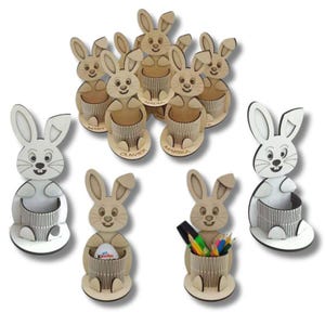Porta-uova di Pasqua con coniglietto tagliato al laser, modello SVG per porta-penne Glowforge