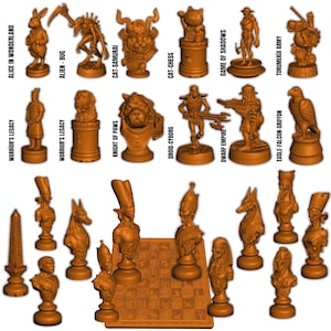 May include: A themed chess set featuring pieces like an alien, a samurai cat, and a rabbit. The set includes a chessboard and pieces labelled with text such as "Alice in Wonderland" and "Droid-Cyborg". The pieces are all a uniform brown colour.