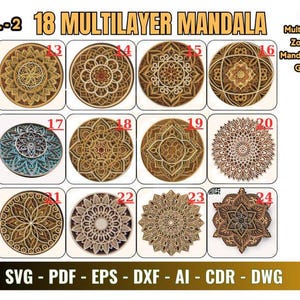 18 meerlaagse mandala's | Lasergesneden mandala-ontwerpbundel | Mandala-svg met meerdere lagen | Mandala lasergesneden bestanden | Mandala-cricutbundel