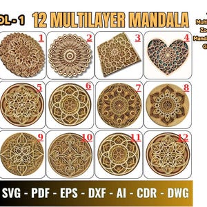 12 PCS multilayer cut file mandala bundle | 3d mandala SVG | layered mandala cricut cut files | svg, dxf, png, eps, pdf, ai, cdr, dwg files