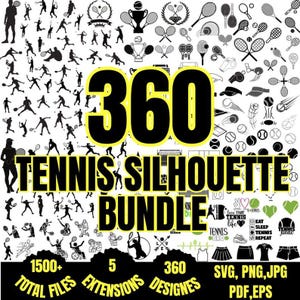 May include: A graphic design bundle of 360 tennis silhouette illustrations. The bundle includes 1500+ total files in 5 different file formats, including SVG, PNG, JPG, PDF, and EPS. The image features a variety of tennis players, rackets, balls, and other tennis-related imagery.