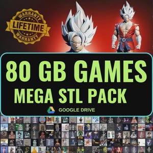 Może przedstawiać: Obraz przedstawia czarny prostokąt z napisem "80 GB GAMES MEGA STL PACK" w kolorze zielonym i białym. Zawiera również dwie figurki postaci z anime, odznakę "Dożywotnia gwarancja" oraz kolekcję miniaturowych figurek.
