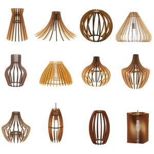 Set di lampade in legno tagliate al laser, 12 modelli per lampade da soffitto per Glowforge, CNC e Cricut / File DXF, CDR, Ai, PDF, SVG per progetti creativi