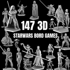 Könnte beinhalten: Eine Sammlung von 3D-gedruckten Star Wars Brettspiel-Figuren. Das Bild zeigt verschiedene Charaktere, darunter Darth Vader, Yoda und Ahsoka Tano. Der Text lautet "147 3D Star Wars Board Games."