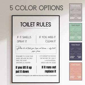 Ingeniosas reglas de baño/inodoro Descarga instantánea de póster de pared imprimible. Reglas divertidas del WC imprimibles / 5 colores / decoración del baño / etiqueta del baño