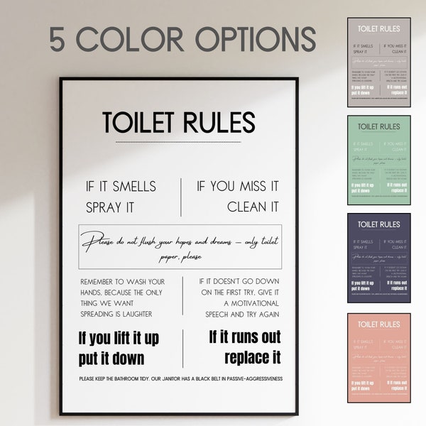 Witty Bathroom/toilet Rules Instant Download Printable Wall Poster. Funny WC rules printable | 5 colors |bathroom decor | bathroom etiquette