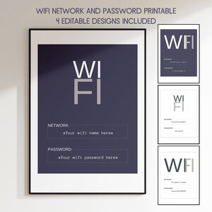 Op de afbeelding: Printbare WiFi-netwerk- en wachtwoordbord met vier bewerkbare ontwerpen. Het bord heeft een donkerpaarse achtergrond met witte tekst die "WIFI" zegt en twee tekstvakken voor de netwerknaam en het wachtwoord.