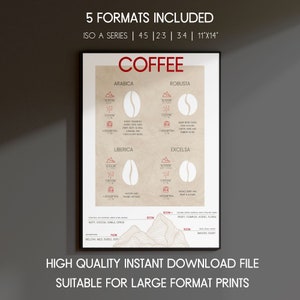 coffee bean type wall art print descriptive explanation of different coffee bean types, coffee art, coffee poster, coffee present image 7