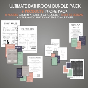 May include: A set of 8 printable bathroom posters featuring a variety of designs and colors. The posters include toilet rules, a word search, and a rating system for the bathroom. The posters are designed to add a touch of humor and style to any bathroom.