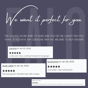 Puede incluir: Una captura de pantalla de un sitio web con rese&ntilde;as de clientes. El sitio web tiene un fondo gris con texto blanco. El texto dice "We want it perfect for you." y "WE ALWAYS WORK HARD TO MAKE SURE YOU GET THE QAULITY ITEM YOU WANT.. IF YOU HAVE ANY QUESTIONS THEN WE ARE HERE TO HELP ANSWER". Hay tres rese&ntilde;as de clientes con calificaciones de cinco estrellas. Las rese&ntilde;as son de Carolina, Scott Vallie y Sonia-Anne. Las rese&ntilde;as son de enero de 2024.