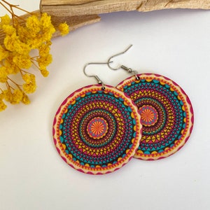 Vibrant Handmade Dangle Earrings - Colorful Wooden Statement Earrings -