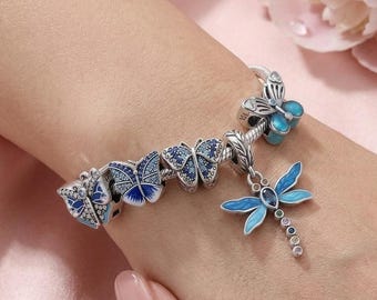 Sapphire Blue Charm Collection, 925 Silver Butterfly Beads and Enamel Dragonfly Dangle