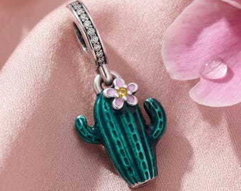 Silver Cactus Bloom Charm, Pink Flower & Green Cactus Dangle