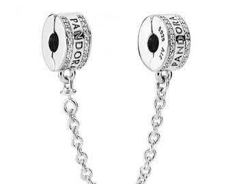 Pandora Sterling Silver Logo Safety Chain Clip Charm Elevate Your Charm Bracelet's Safety with a S925 ALE Chain Clasp Chain 5cm Long, UK