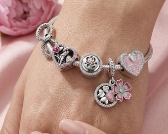 Forever Love Charm Set, 925 Silver Infinity Bead, Embracing Couple Heart and Red Rose