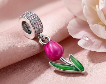 Pink Tulip Blossom Dangle Charm, Painted Flower Design, Sterling Silver Pendant